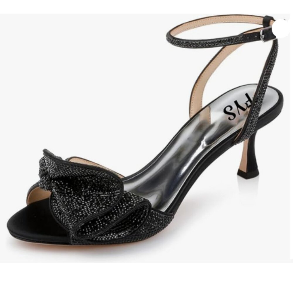 FYS Black Rhinestones Bow Peep Toe Mid Heel Ankle Strap Sandals Satin Dress Pump